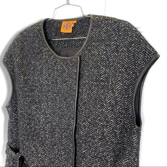 TORY BURCH BLACK WHITE WOOL LEATHER SLEEVELESS LIGHT BELTED  BELT JACKET - Picture 15 of 15